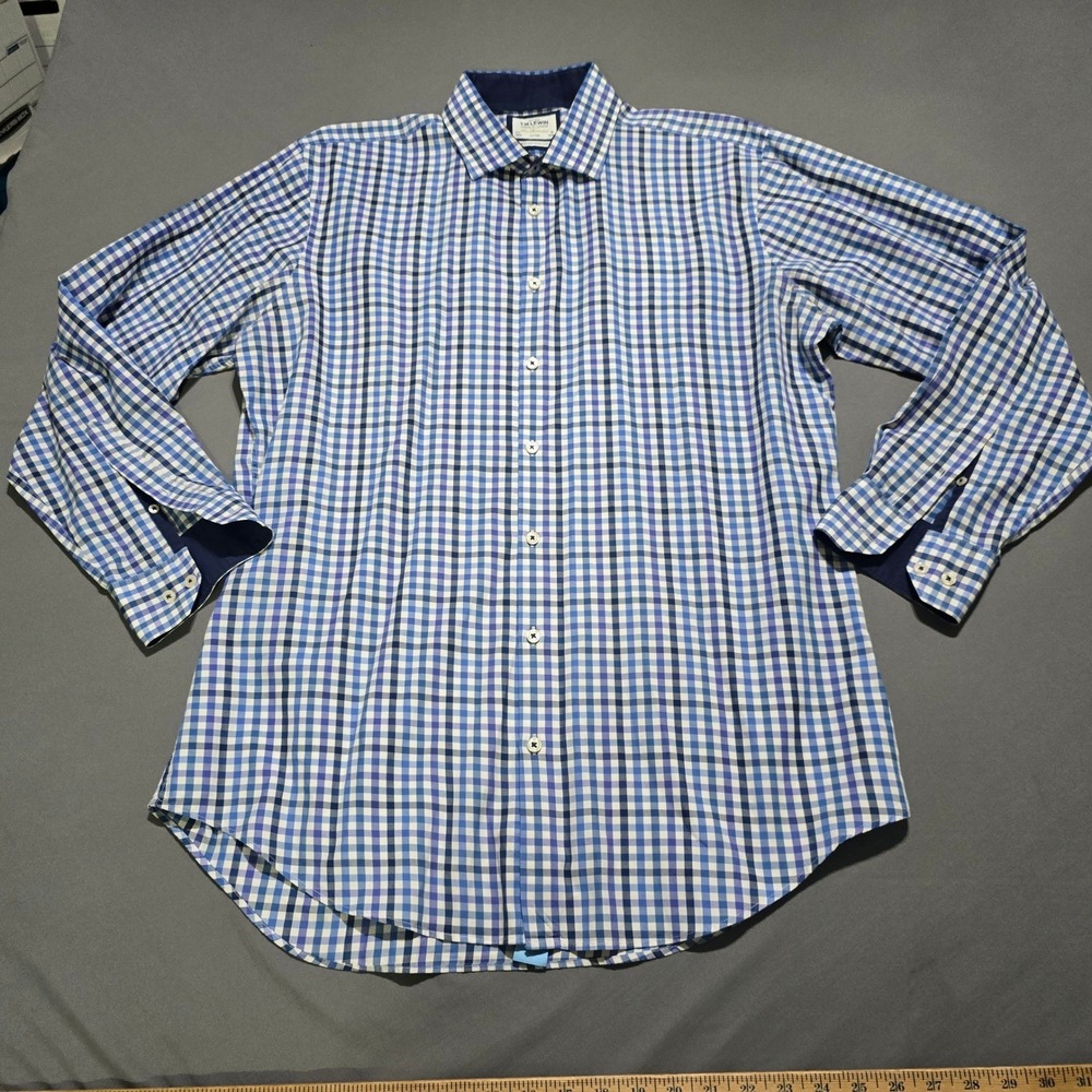 TM Lewin Button Down Shirt Men 17.5 Blue Gingham Fitted Two-Fold Cotton Long Slv